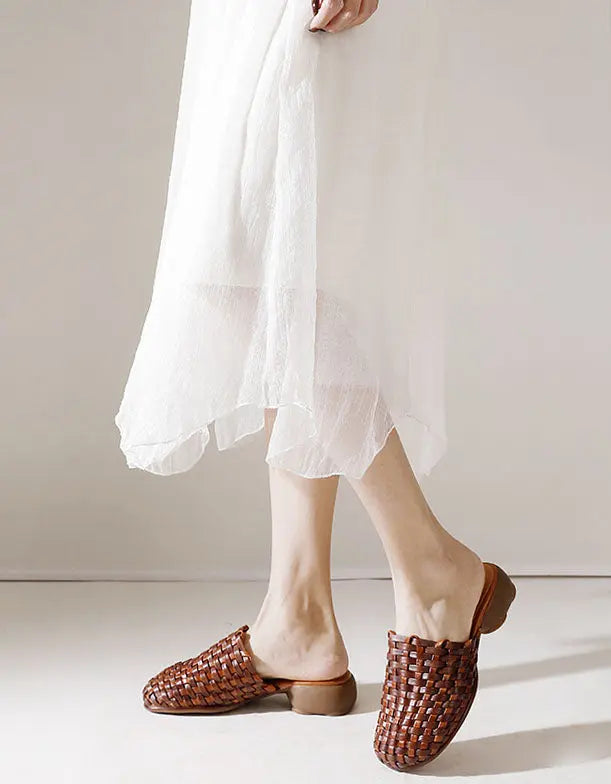 Leather Woven Slippers Wide Mules for