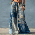 Boho Floral Japanese Sashiko Colorblock Flowy Wide Leg Linen Pants