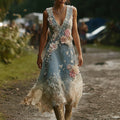 Women's Vintage Bohemian Floral Pattern Sleeveless V-neck Maxi Dress elevenforest