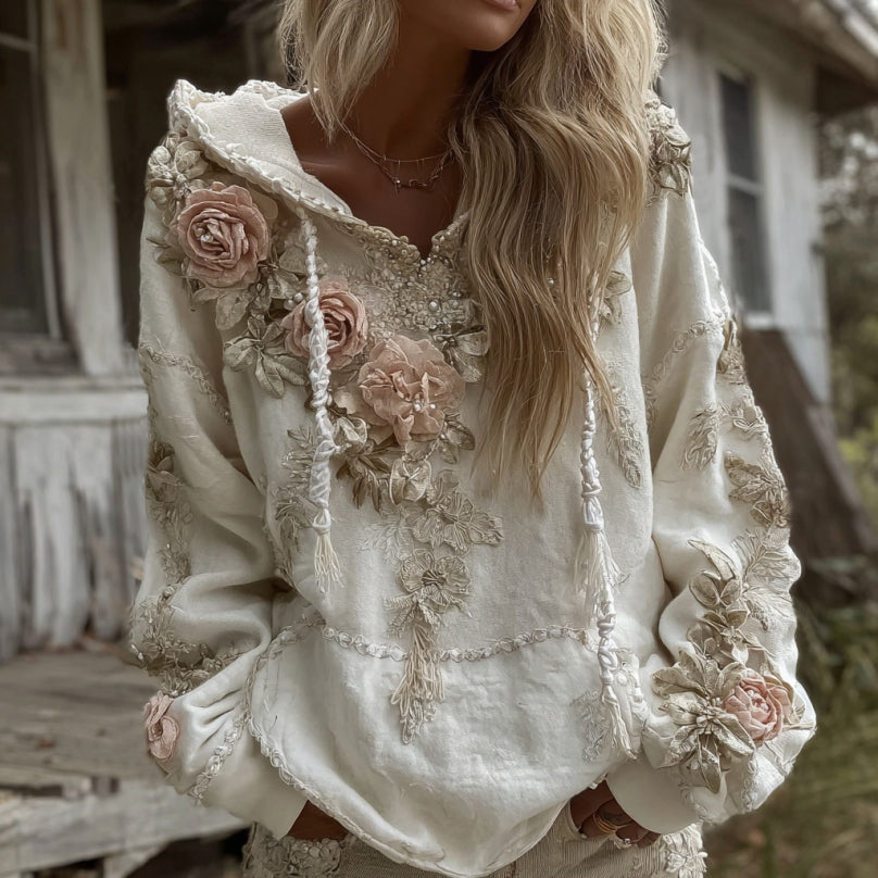 Women's Pink Rose Embroidered Art Long Sleeve Casual Hoodie elevenforest