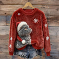 Comstylish Cute Cat Snowflake Embroidery Plush Warm Crew Neck Sweater