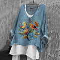 Women's Vintage Birds And Floral Embroidery Pattern Comfortable Shirt elevenforest