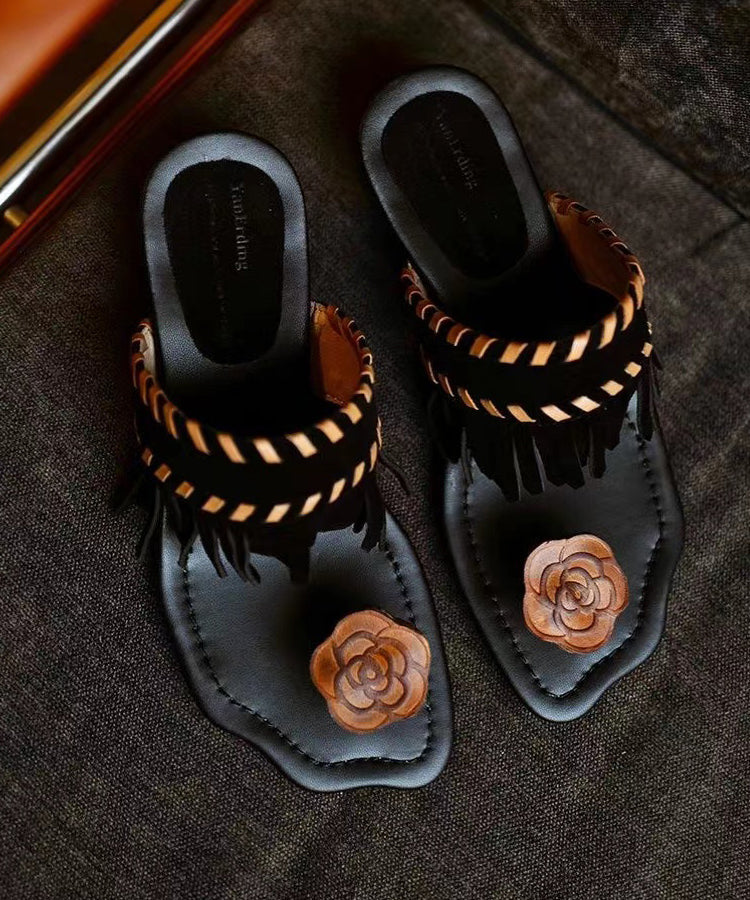 Stylish Black Tasseled Splicing Flip Flops Slide Sandals Ag1015