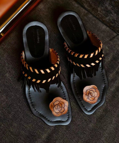 Stylish Black Tasseled Splicing Flip Flops Slide Sandals Ag1015