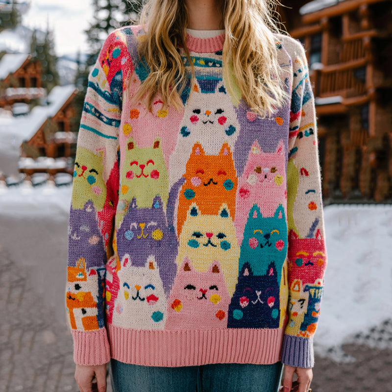 Comstylish Colorful Cats Pattern Art Cozy Knit Sweater