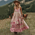 Love & Health Collection Retro Western Women Style Vintage Gradient Pink Striped And Floral Patchwork Art Linen Suspender Dress elevenforest
