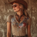 Western Vintage Fringe Sequins Floral Embroidery Women's V-neck T-shirt elevenforest