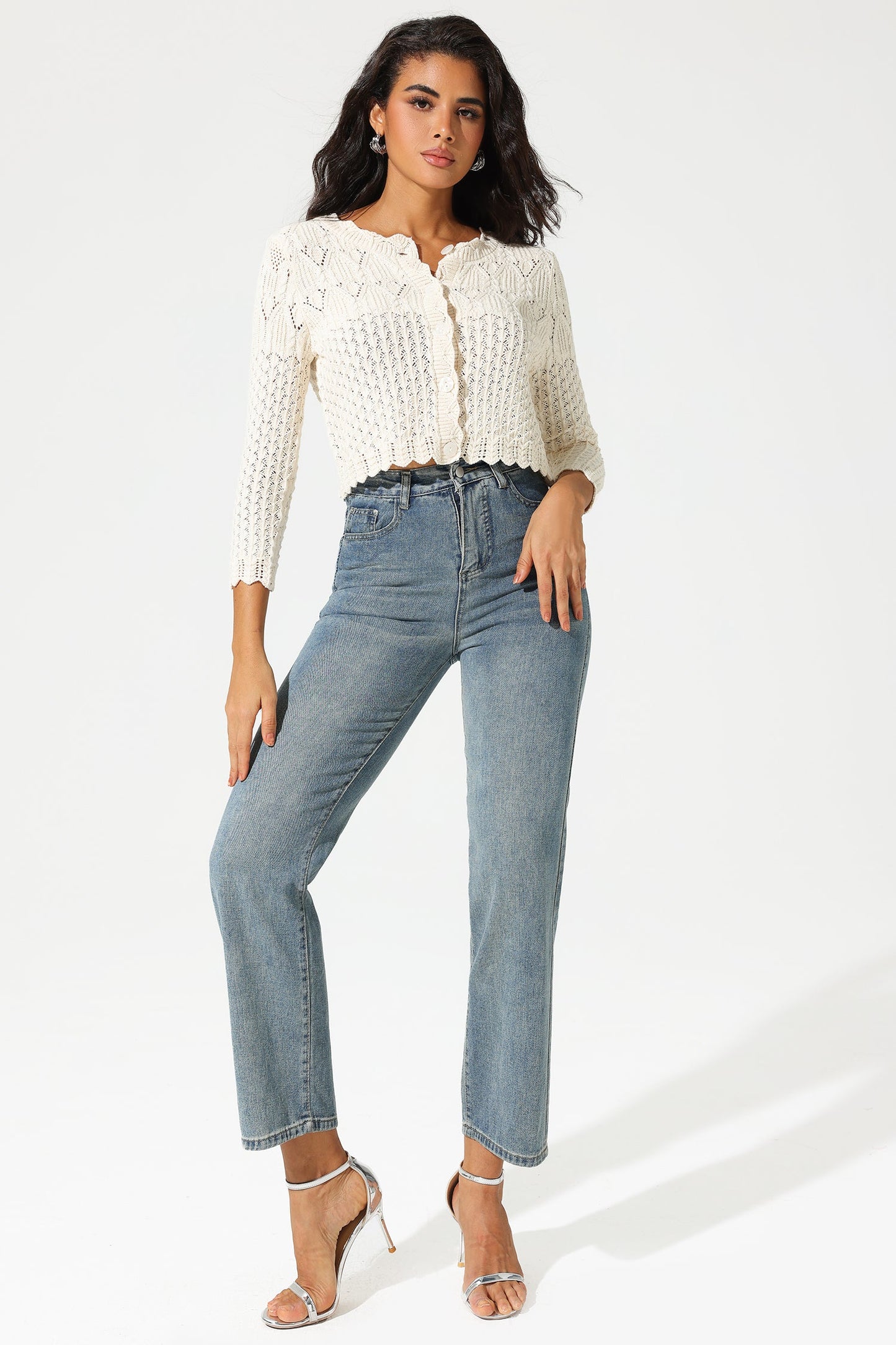 Long Sleeve Buckle Knit Cardigan Beige