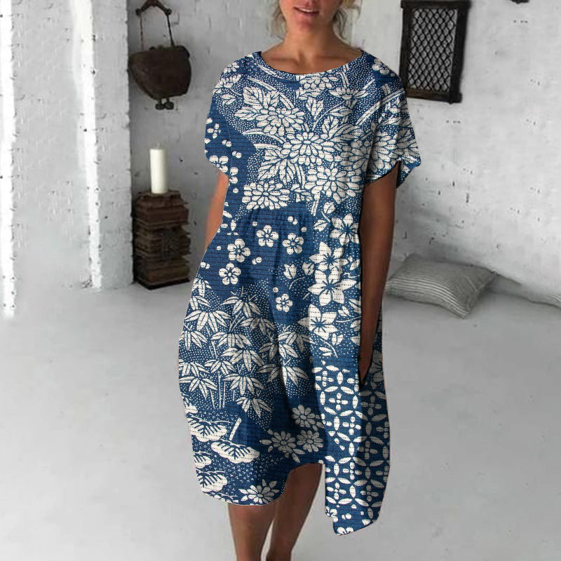Vintage Japanese Art Flower Print Loose Midi Dress elevenforest