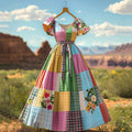 Women's Vintage Plaid Floral Patchwork Linen V-neck Short Sleeve Dress elevenforest