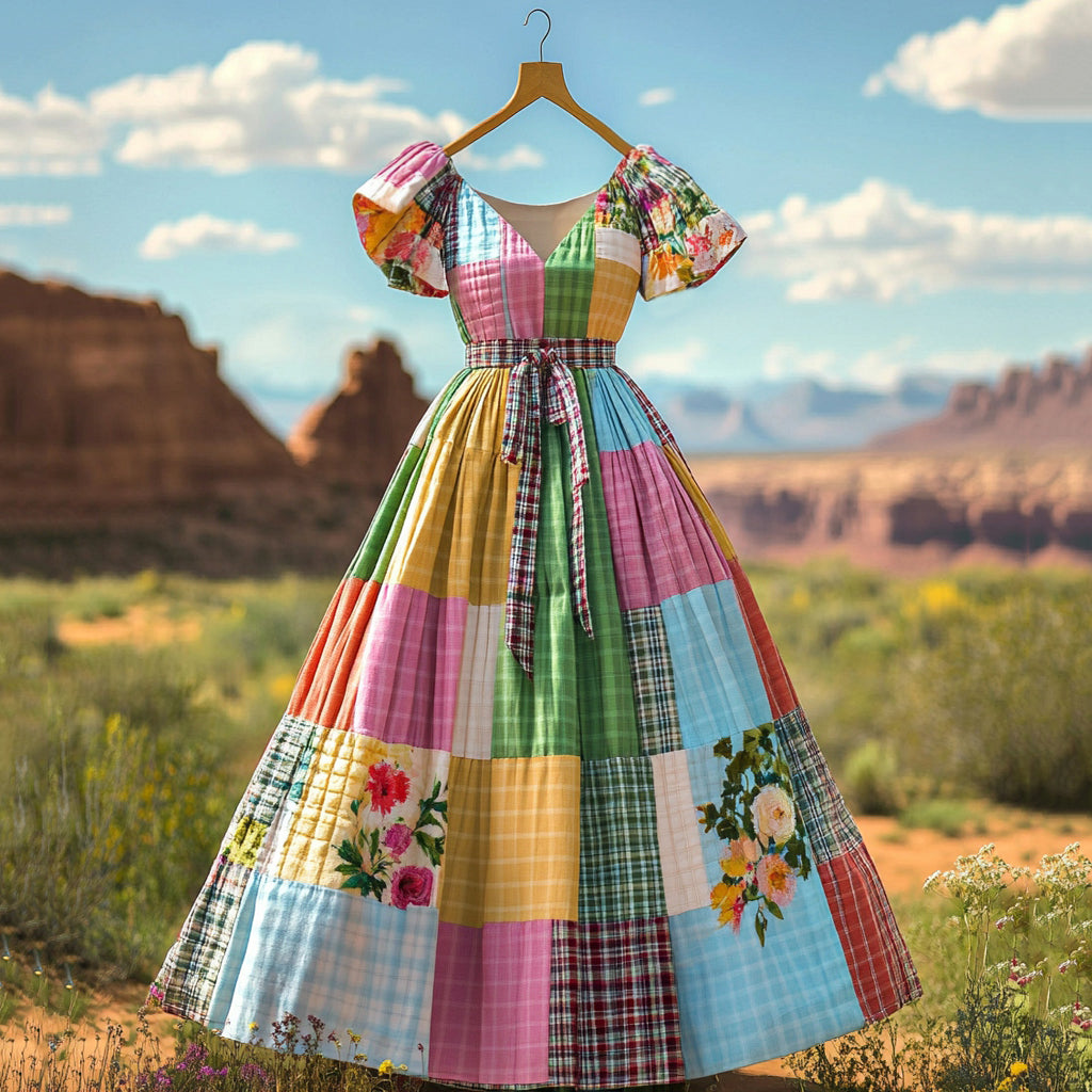 Women's Vintage Plaid Floral Patchwork Linen V-neck Short Sleeve Dress elevenforest