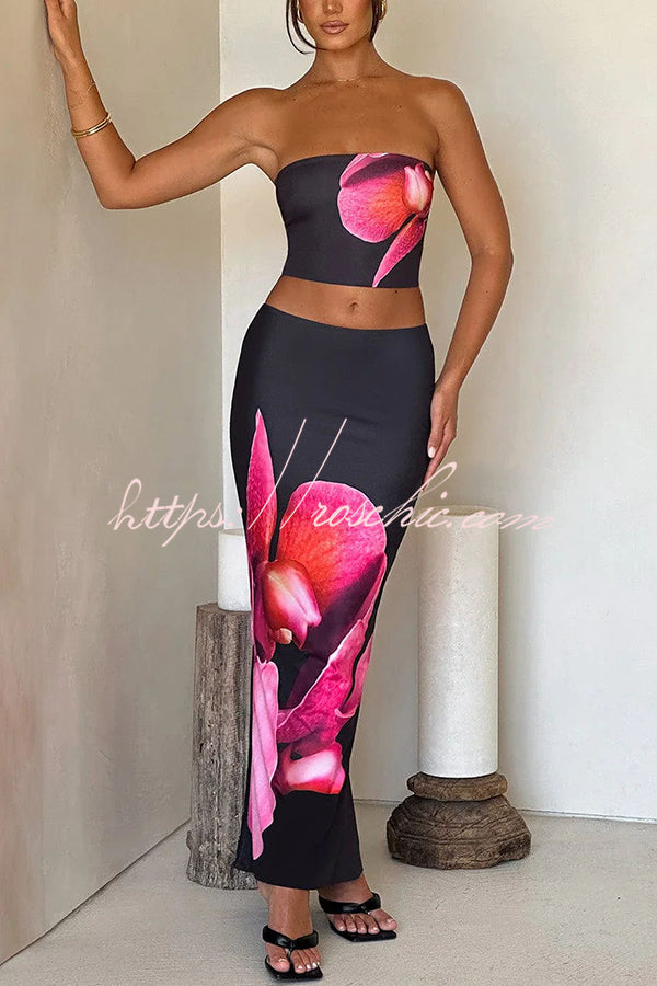 Allegra Abstract Print Stretch Strapless Tank and Elastic Waist Maxi Skirt Set