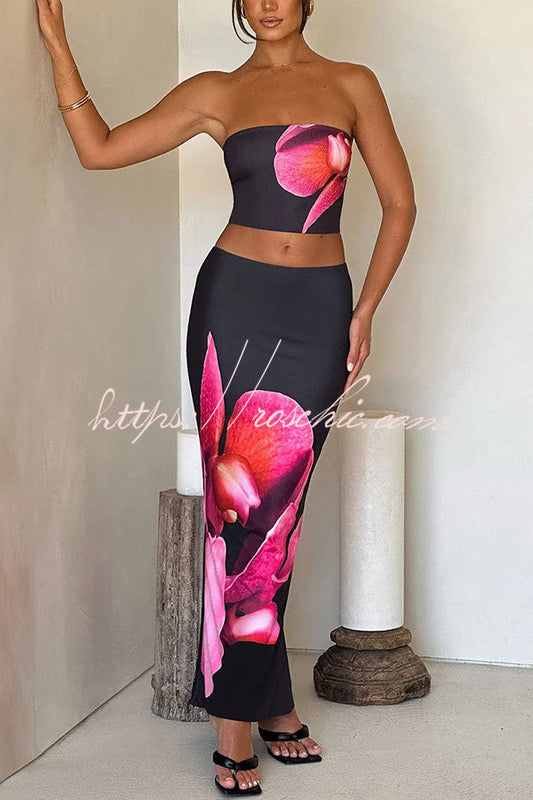 Allegra Abstract Print Stretch Strapless Tank and Elastic Waist Maxi Skirt Set