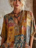 Bohemian Style Bright Yellow Patchwork Floral Vintage Tie-dye V-neck Short-sleeved Shirt elevenforest