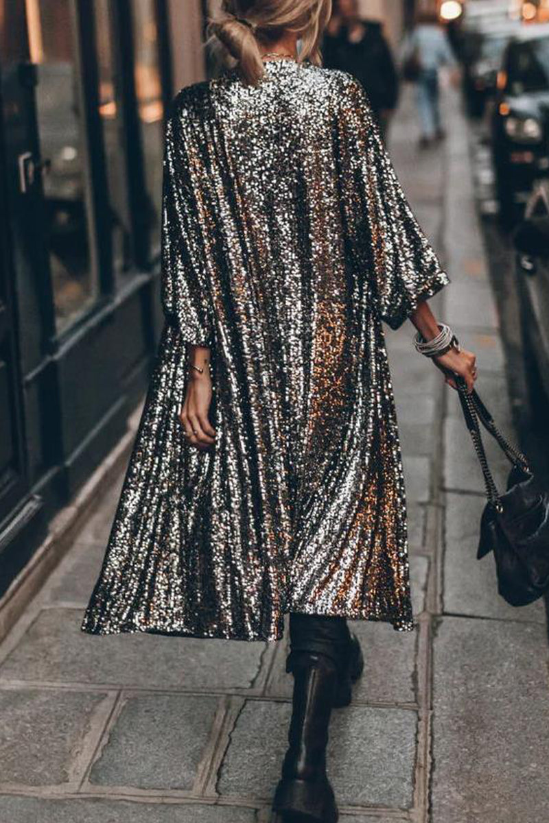 Street Sequins Sequined U Neck Outerwear