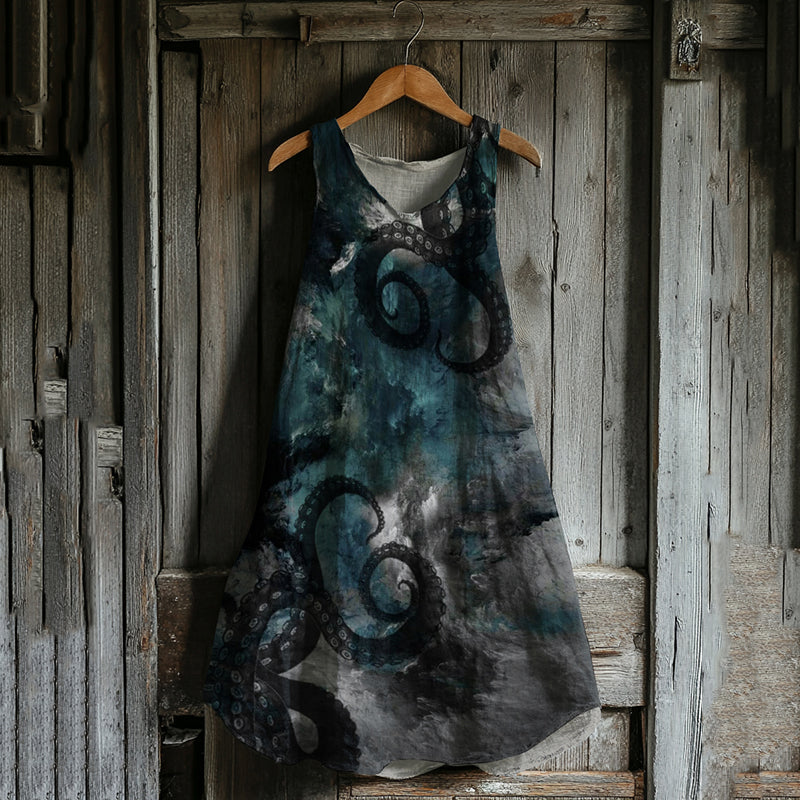 Japanese Octopus Gradient Art Linen Tank Dress elevenforest