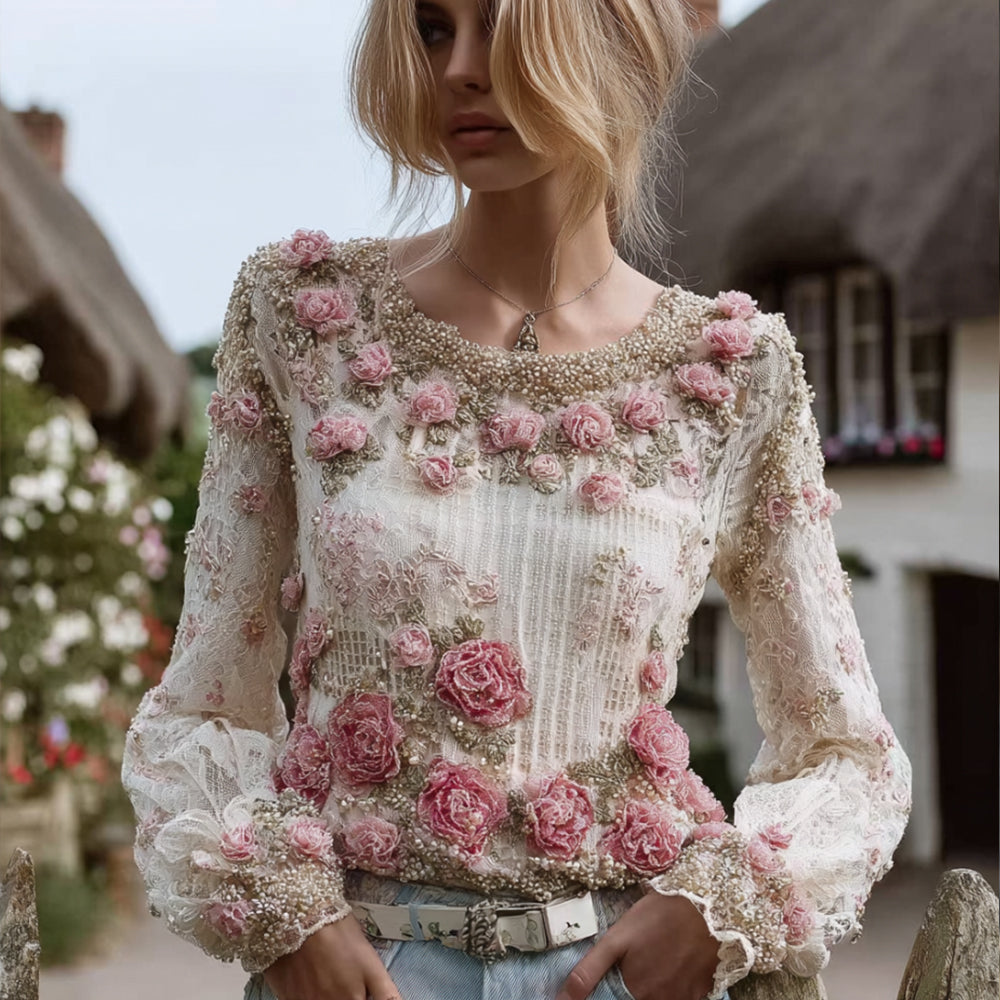 Bohemian Vintage Rose Round-neck Top elevenforest