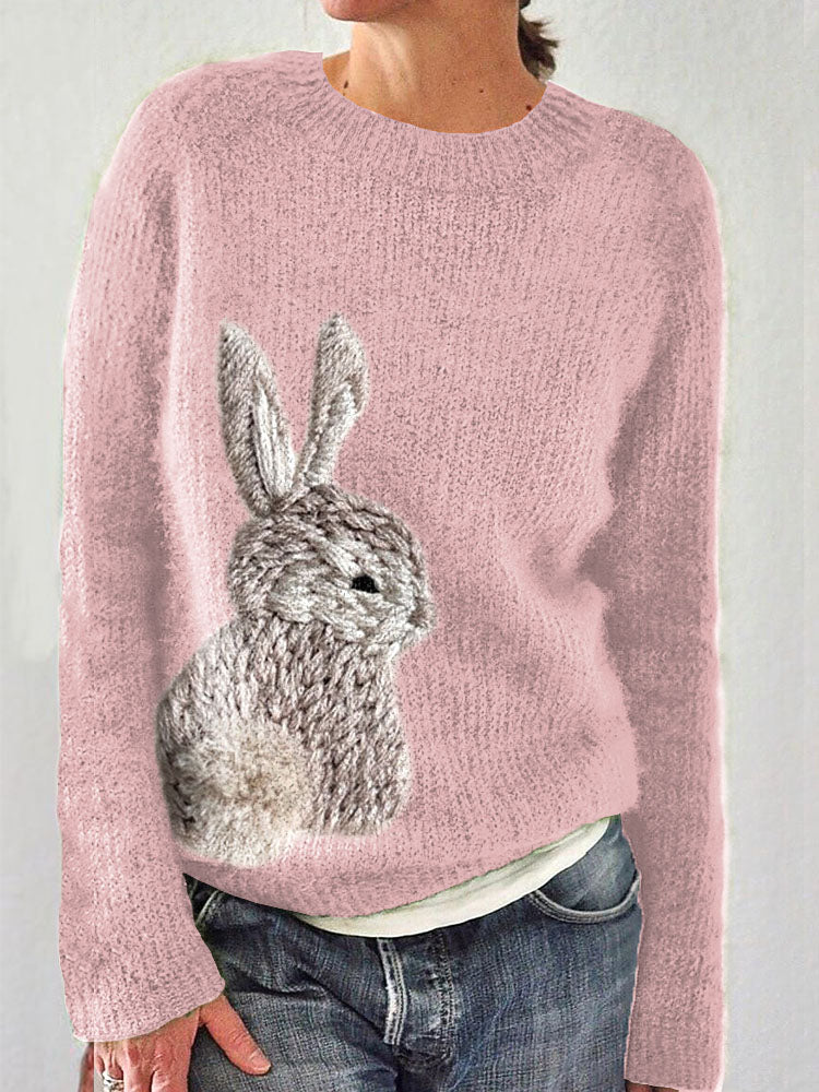 Cute Bunny Embroidery Art Cozy Knit Sweater artswardrobe