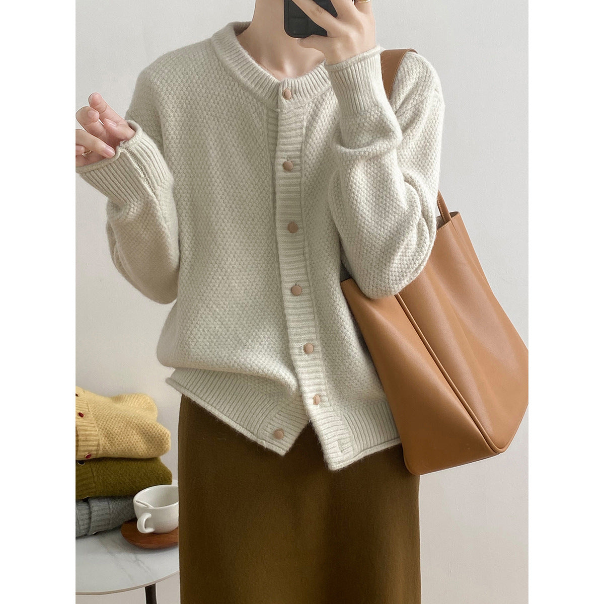 Lazy Round Neck Knitted Sweater for Autumn Minimalist Long Sleeve Loose Cardigan Coat