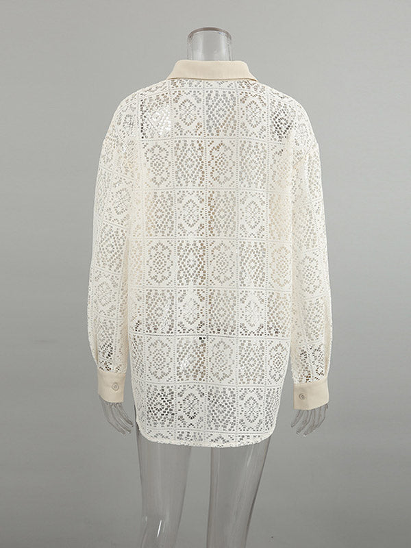 Long Sleeves Loose Buttoned Hollow See-through Color Sun Protection Lapel Collar Blouses&shirts Tops
