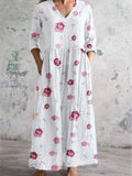 Women's V-Neck Retro Rose Floral Pattern Cotton And Linen Dress