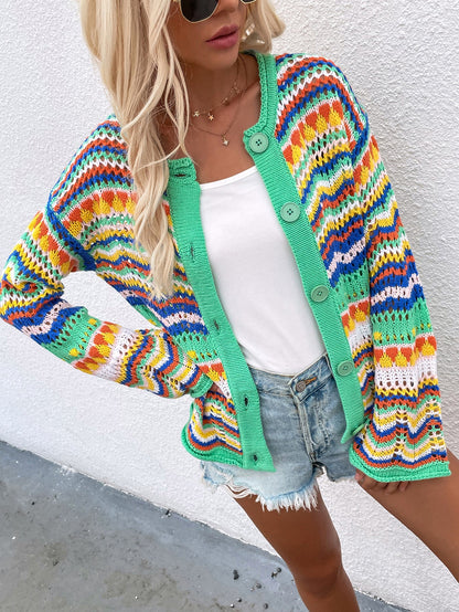 Autumn Winter New Striped Sweater Loose Rainbow Sweater Button Cardigan