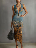 Blue Gradient Leopard Print Deep V-Neck Bodycon Dress