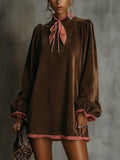 Chocolate Velvet Dress With Pink Ruffle Trim