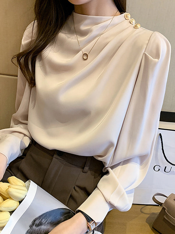 Loose Puff Sleeves Pleated Split-joint High Neck Blouses&shirts Tops