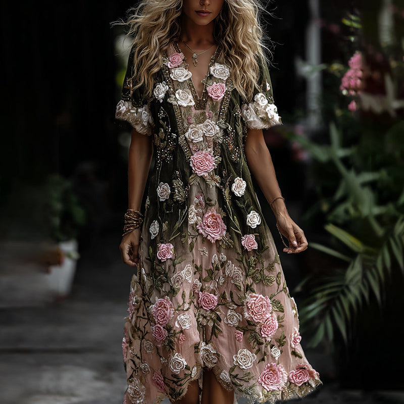 Women's Classic Romantic Pink Rose Embroidery Art Comfy Linen Midi Dress elevenforest
