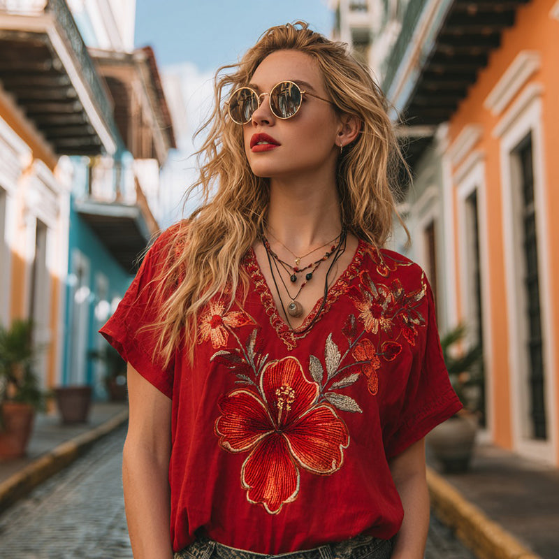 Women's Retro Hibiscus Pattern Casual Linen Blend T-shirt elevenforest