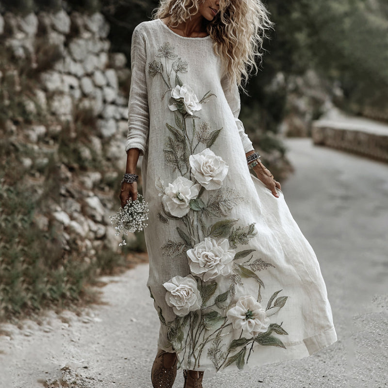 Women's Classic Romantic White Rose Embroidery Art Comfy Linen Maxi Dress elevenforest