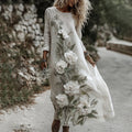 Women's Classic Romantic White Rose Embroidery Art Comfy Linen Maxi Dress elevenforest
