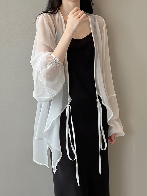 Bishop Sleeve Long Sleeves See-through Split-joint Tied Collarless Blouses&shirts Tops