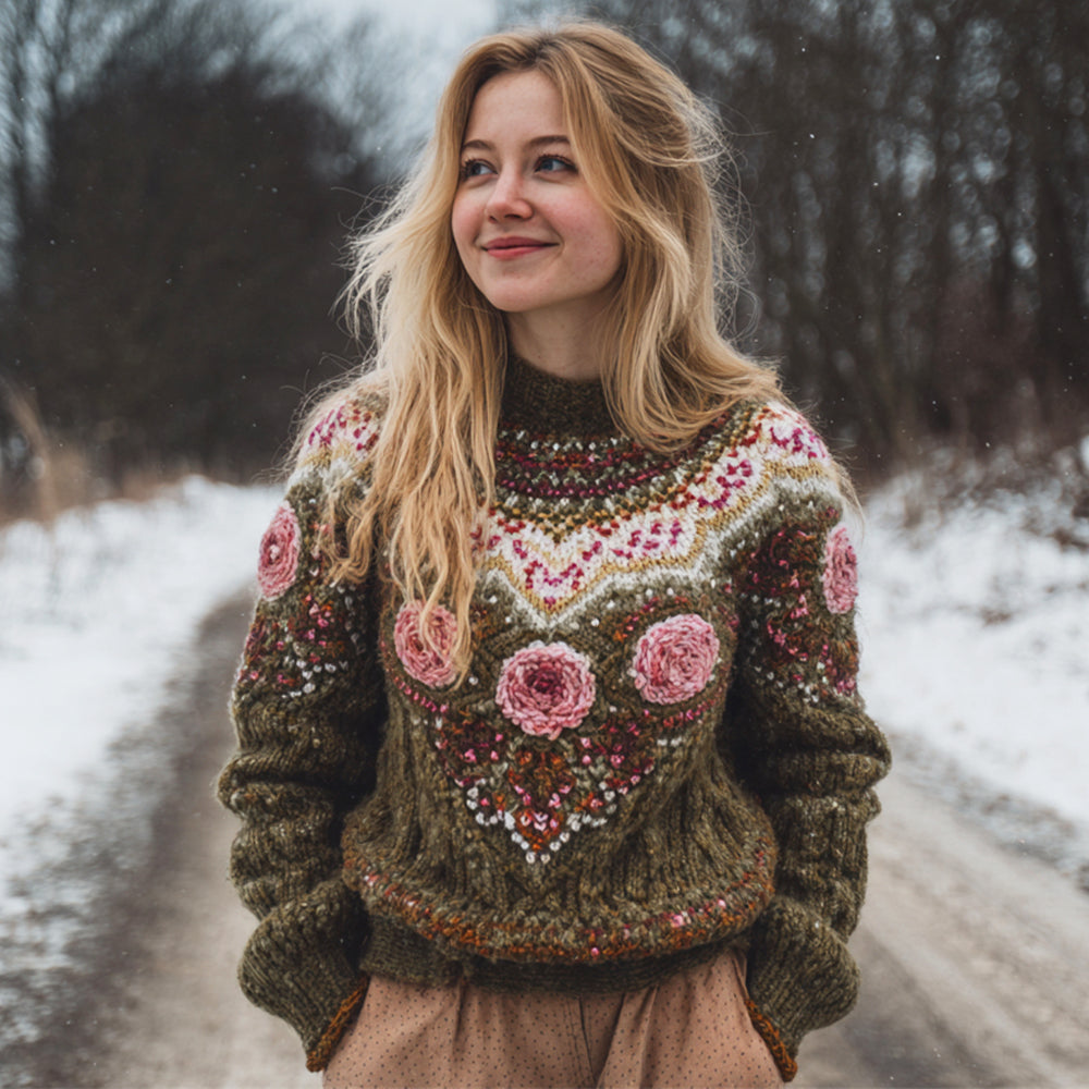 Comstylish Vintage Floral Knit Embroidered Art Women's High-neck Icelandic Sweater