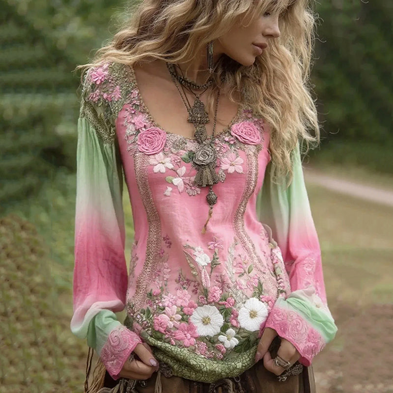 Vintage Purple Lavender And Floral Embroidered Linen Long Sleeve Shirt elevenforest