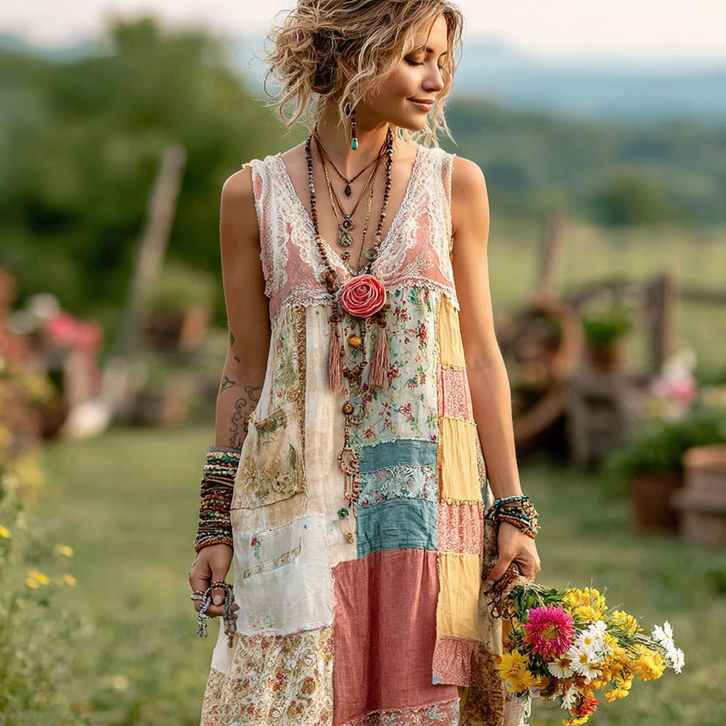 Women's Vintage Floral Patchwork Sleeveless Long Dress elevenforest