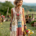Women's Vintage Floral Patchwork Sleeveless Long Dress elevenforest