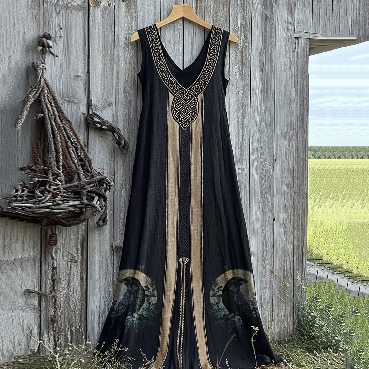 Vintage Viking Raven Celtic Knot Art Linen Tank Dress elevenforest