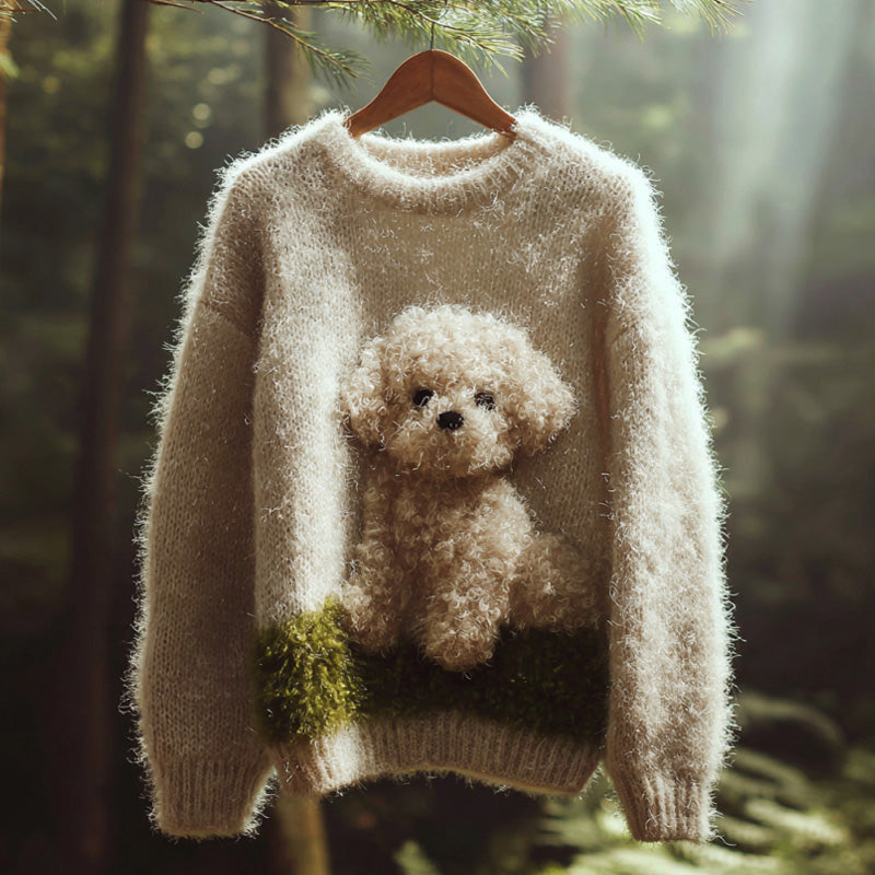 Comstylish Women's Vintage Mohair Dog Embroidered Sweater