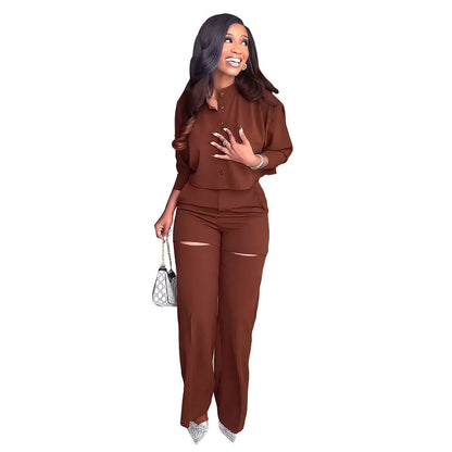 Long Sleeved Cardigan Short Top Suit With High Waist Trousers Two Piece Set