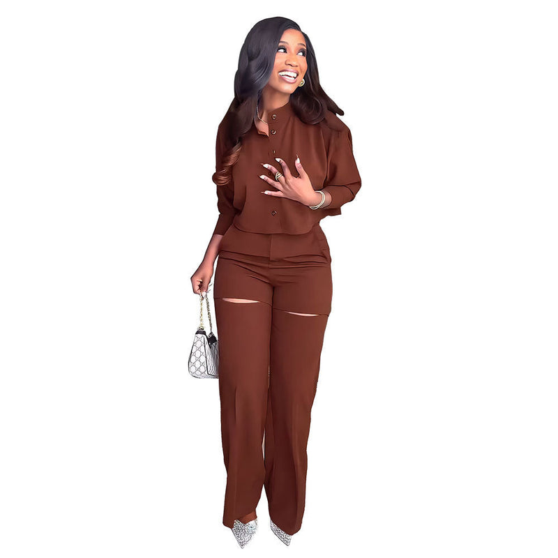 Long Sleeved Cardigan Short Top Suit With High Waist Trousers Two Piece Set