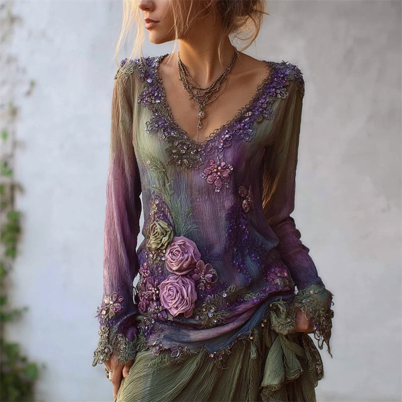 Classy Roses Glitter Lace Gradient Linen Tunic elevenforest
