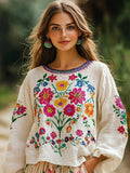 Vintage Bohemian Floral Embroidery Vacation Women's Linen Shirt elevenforest