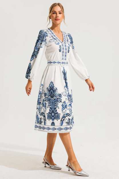 Paisley Single Breasted Long Sleeve Mini Dress With Belt