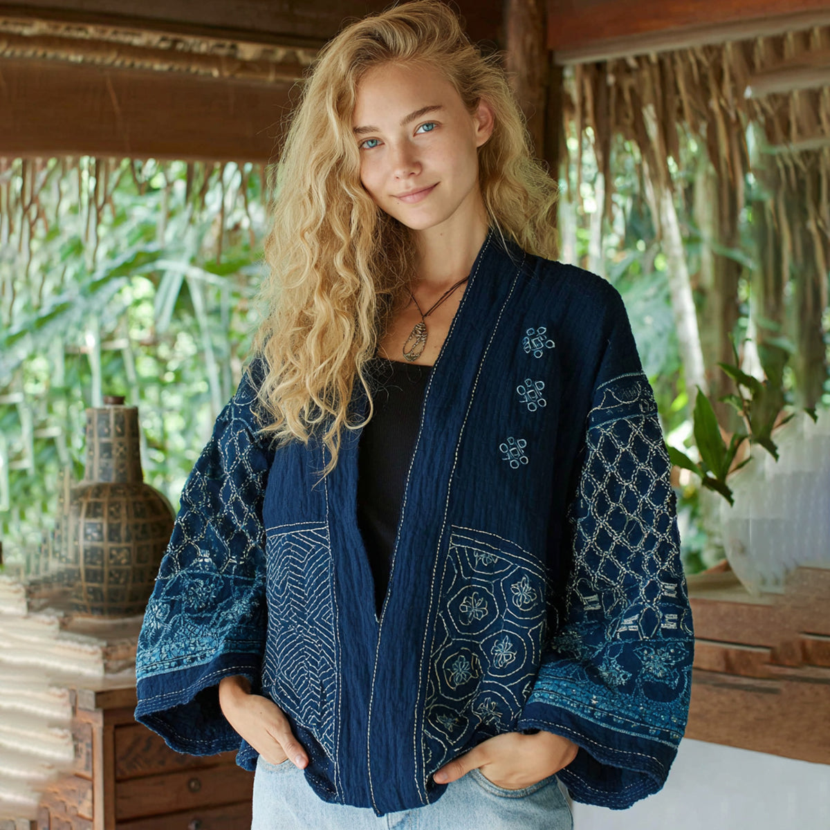 Classic Bohemian Japanese Traditional Sashiko Art Embroidery Print Cotton And Linen Blend Kimono Cardigan elevenforest