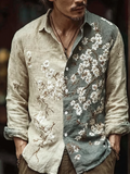 Men's Color-blocking Floral Pattern Cotton And Linen Shirt elevenforest