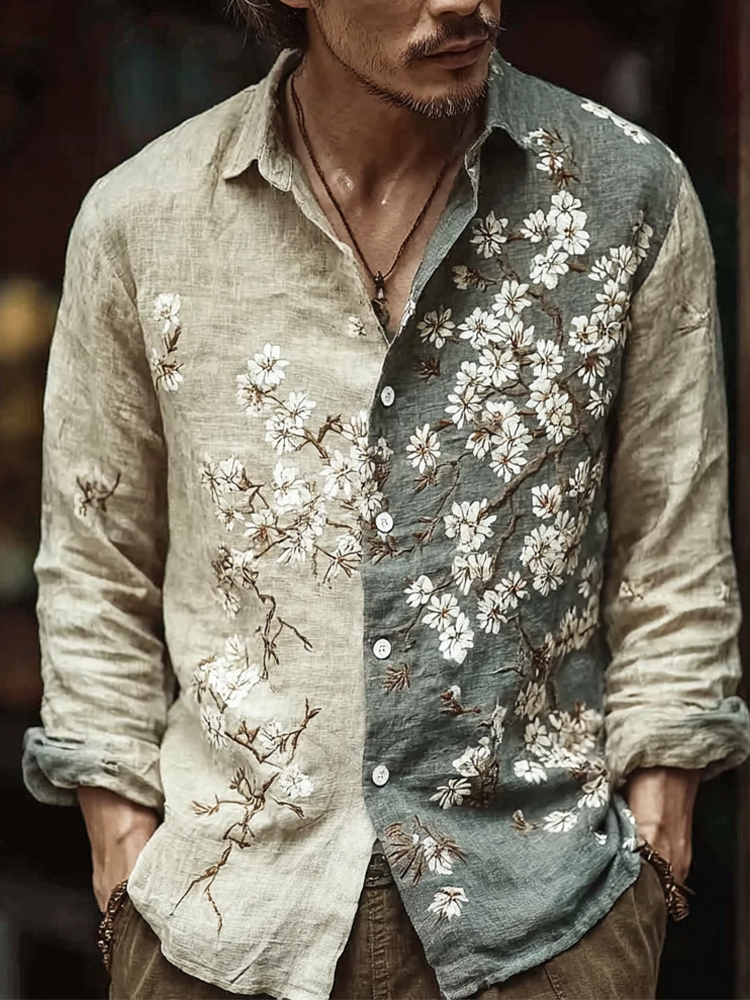 Men's Color-blocking Floral Pattern Cotton And Linen Shirt elevenforest