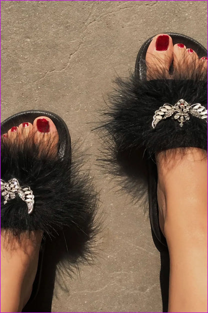 Rhinestone Bow Lady Furry Slides Fur Slippers De239