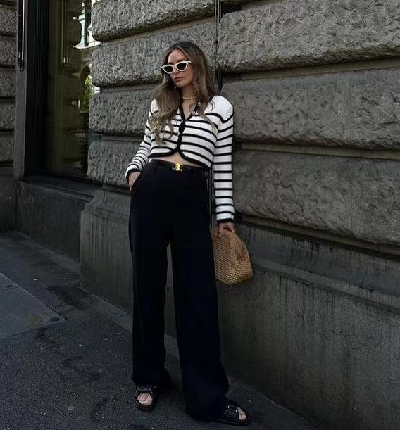 Autumn Winter Round Neck Striped Buckle Arc Sweater Cardigan Coat